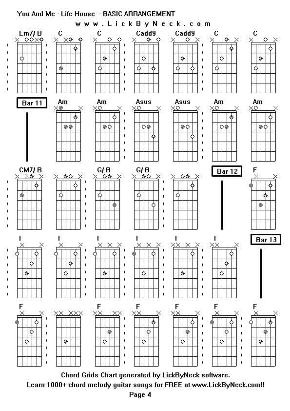 Chord Grids Chart of chord melody fingerstyle guitar song-You And Me - Life House  - BASIC ARRANGEMENT,generated by LickByNeck software.